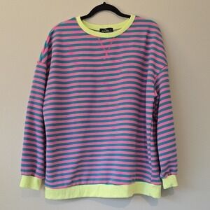 Trendy Queen Striped Sweatshirt Pink Teal Neon Yellow Oversized Pullover | Large